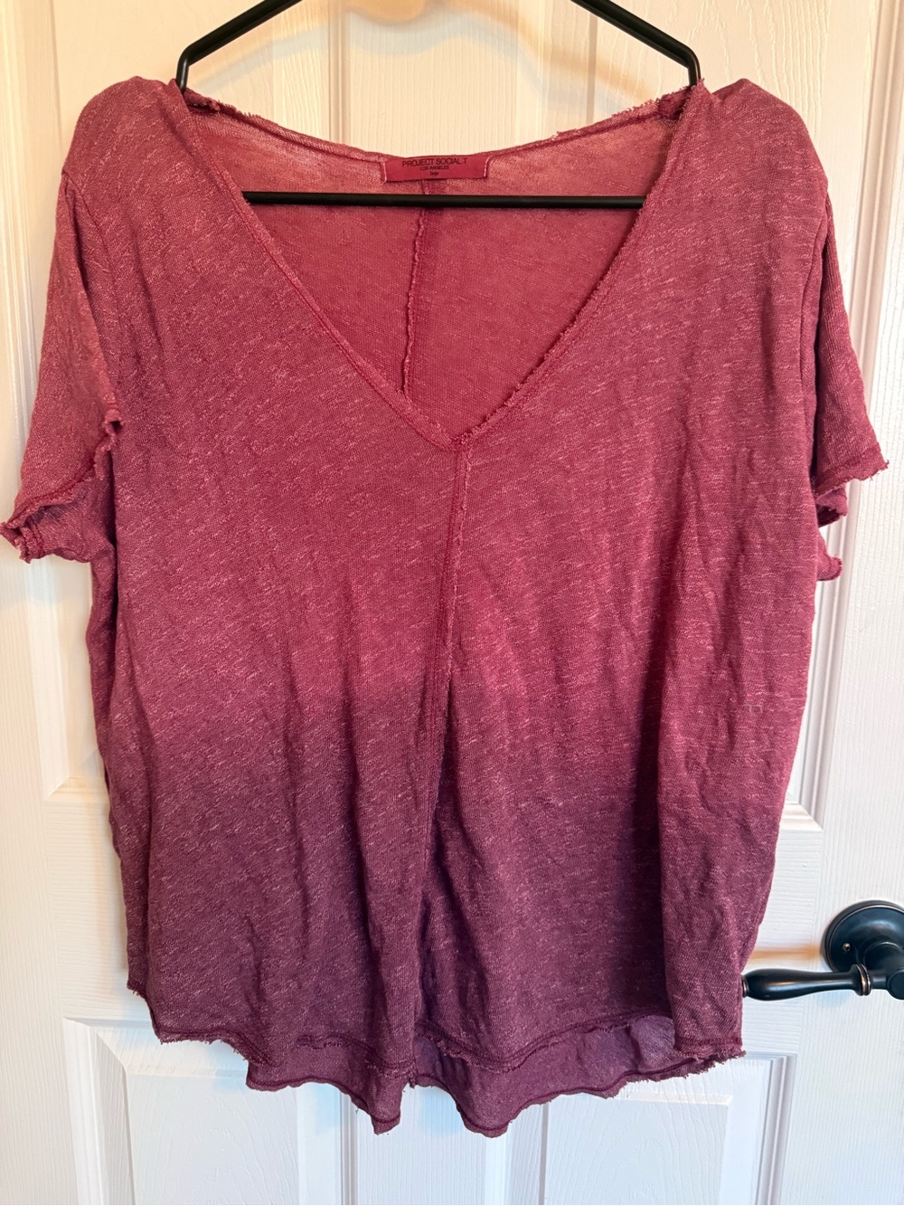 Project Social T L OOAK Hand Dyed Smoky Berry Raw Edge V Neck Tee